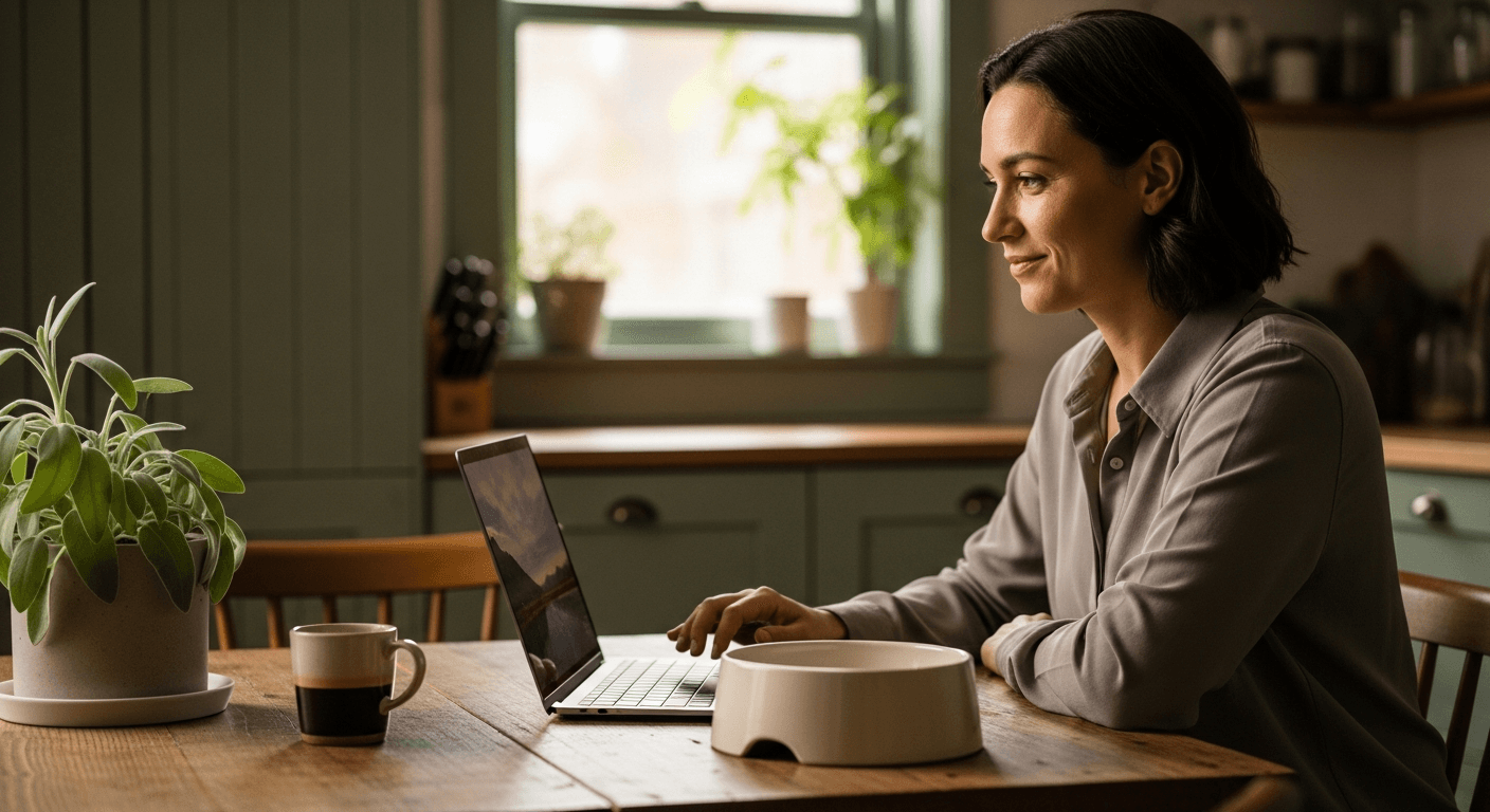 Thoughtful dog owner sitting at a kitchen table beside a feeding bowl and an open laptop, illustrating careful evaluation of an AI-powered dog nutrition tool before trusting its recommendations.