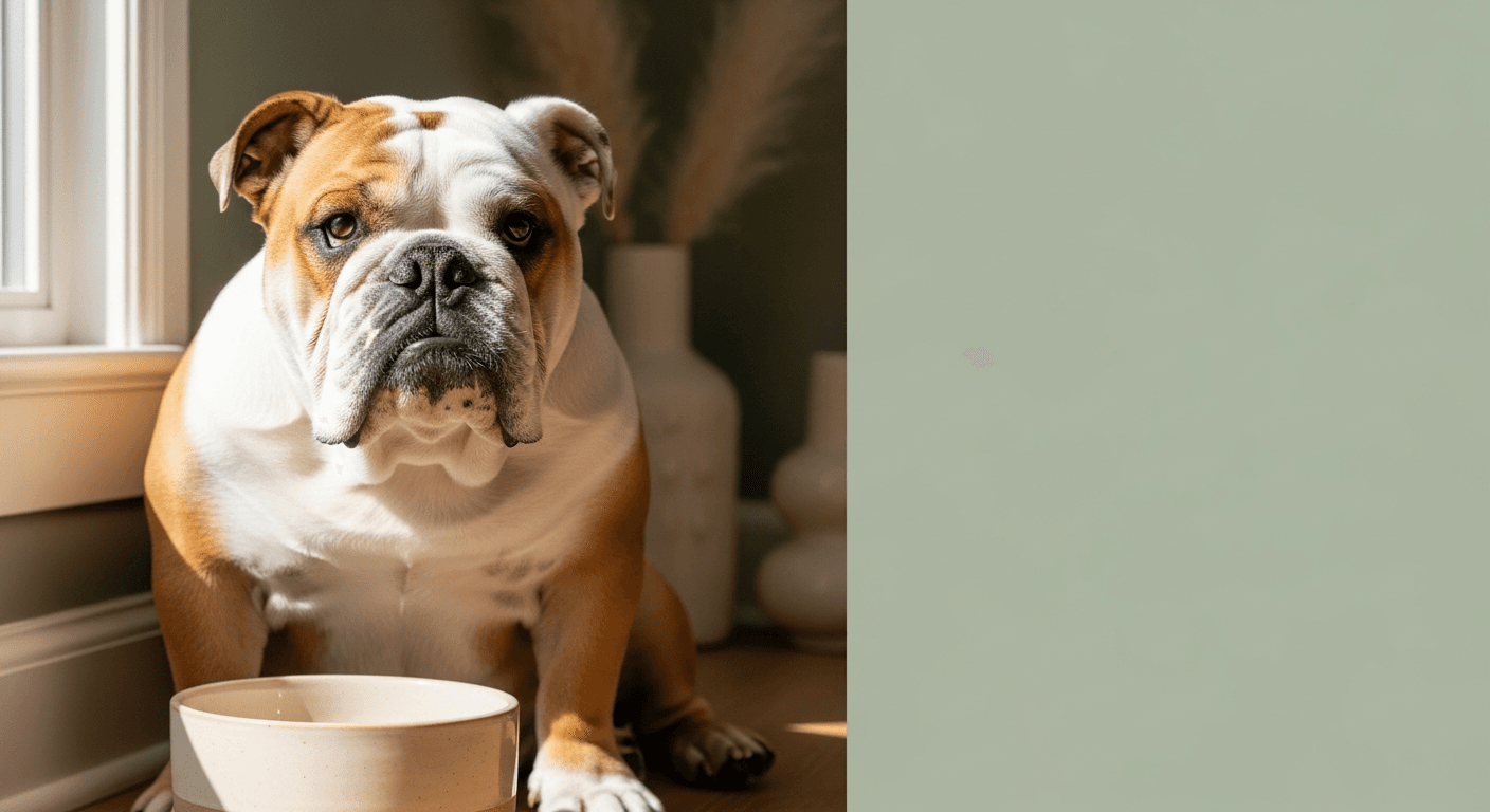 Adult English Bulldog sitting beside a feeding bowl in soft natural light, illustrating breed nutrition for skin, digestion, and weight control.
