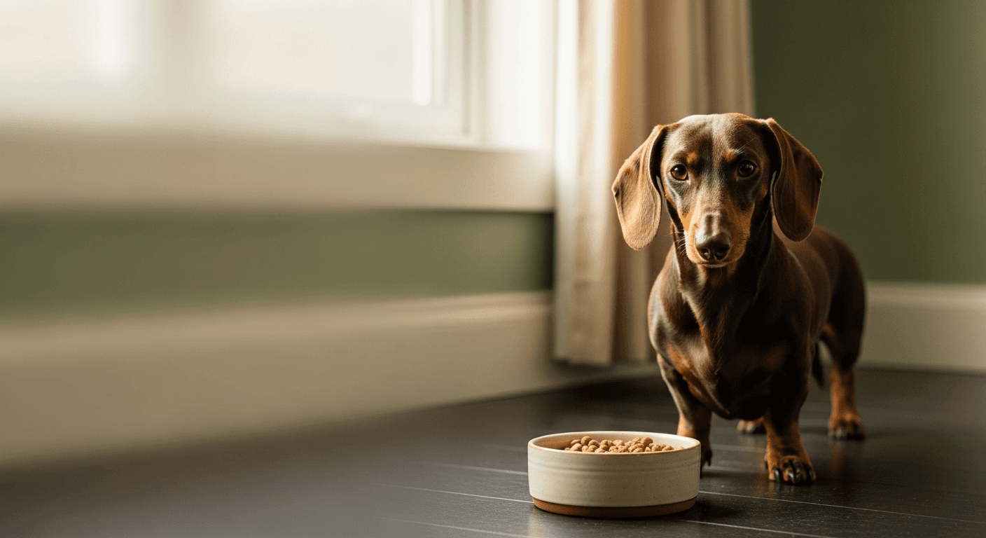 Adult Dachshund standing beside a feeding bowl in soft natural light, illustrating weight and portion control to protect the breed's long spine.