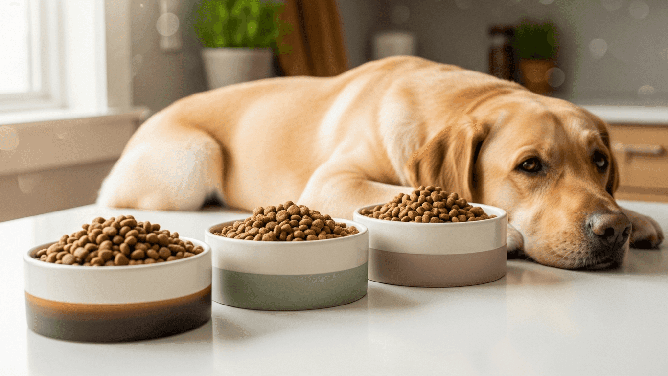 Three unbranded premium dog food kibble bowls arranged on a clean kitchen counter beside a calm Labrador, illustrating a head-to-head veterinary-aligned dog food brand comparison.