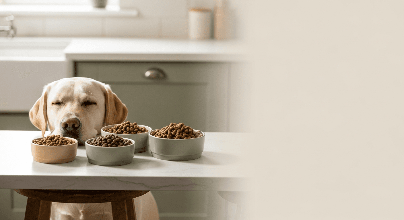Three unbranded premium dog food kibble bowls arranged on a clean kitchen counter beside a calm Labrador, illustrating a head-to-head veterinary-aligned dog food brand comparison.