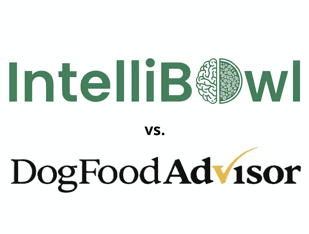 IntelliBowl logo versus Dog Food Advisor logo, illustrating a direct 2026 comparison of methodology, personalization, and conflicts of interest.