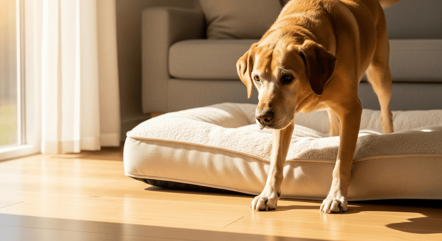 A senior large-breed dog rising from a padded bed in soft natural light, illustrating joint comfort and mobility supported through diet.