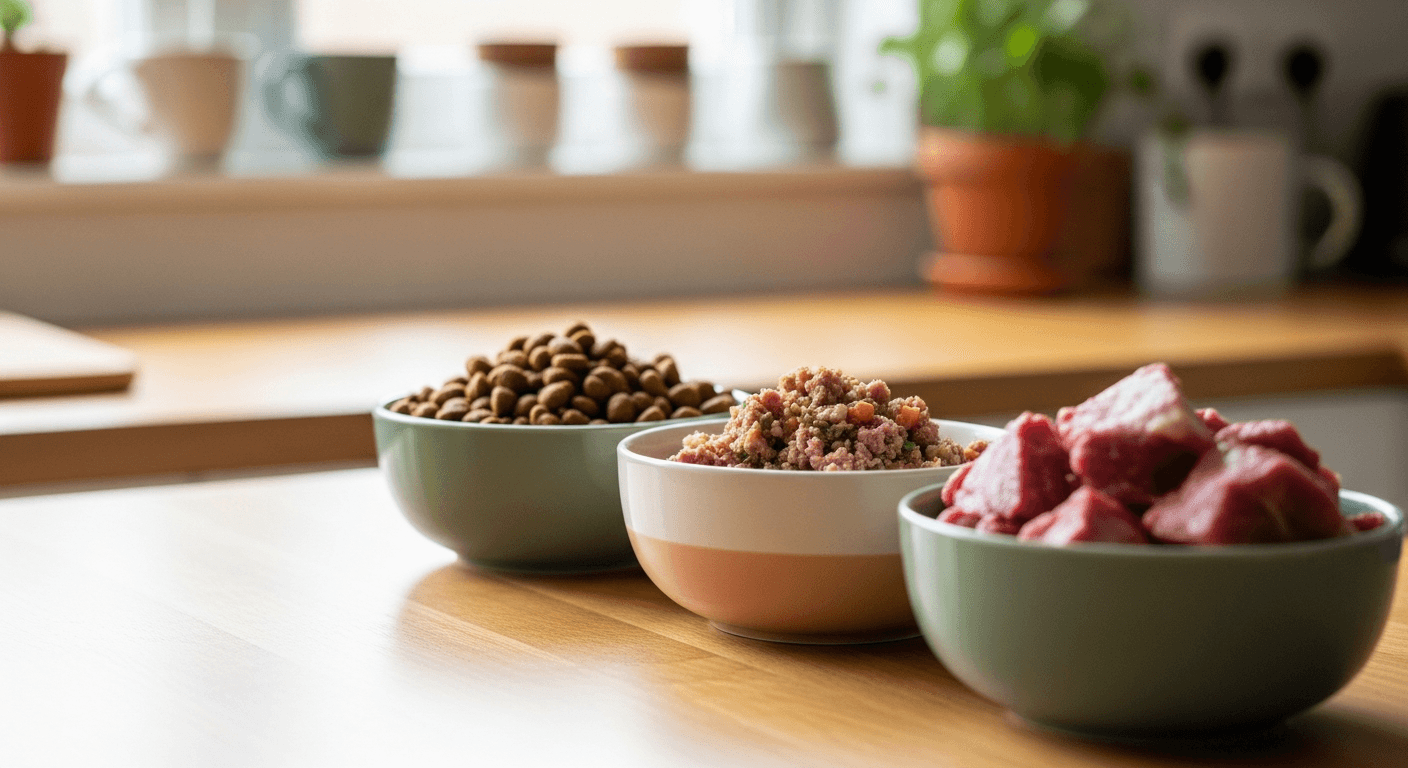 Three bowls of dog food side by side — dry kibble, fresh-cooked, and raw — illustrating a head-to-head comparison of dog food formats.