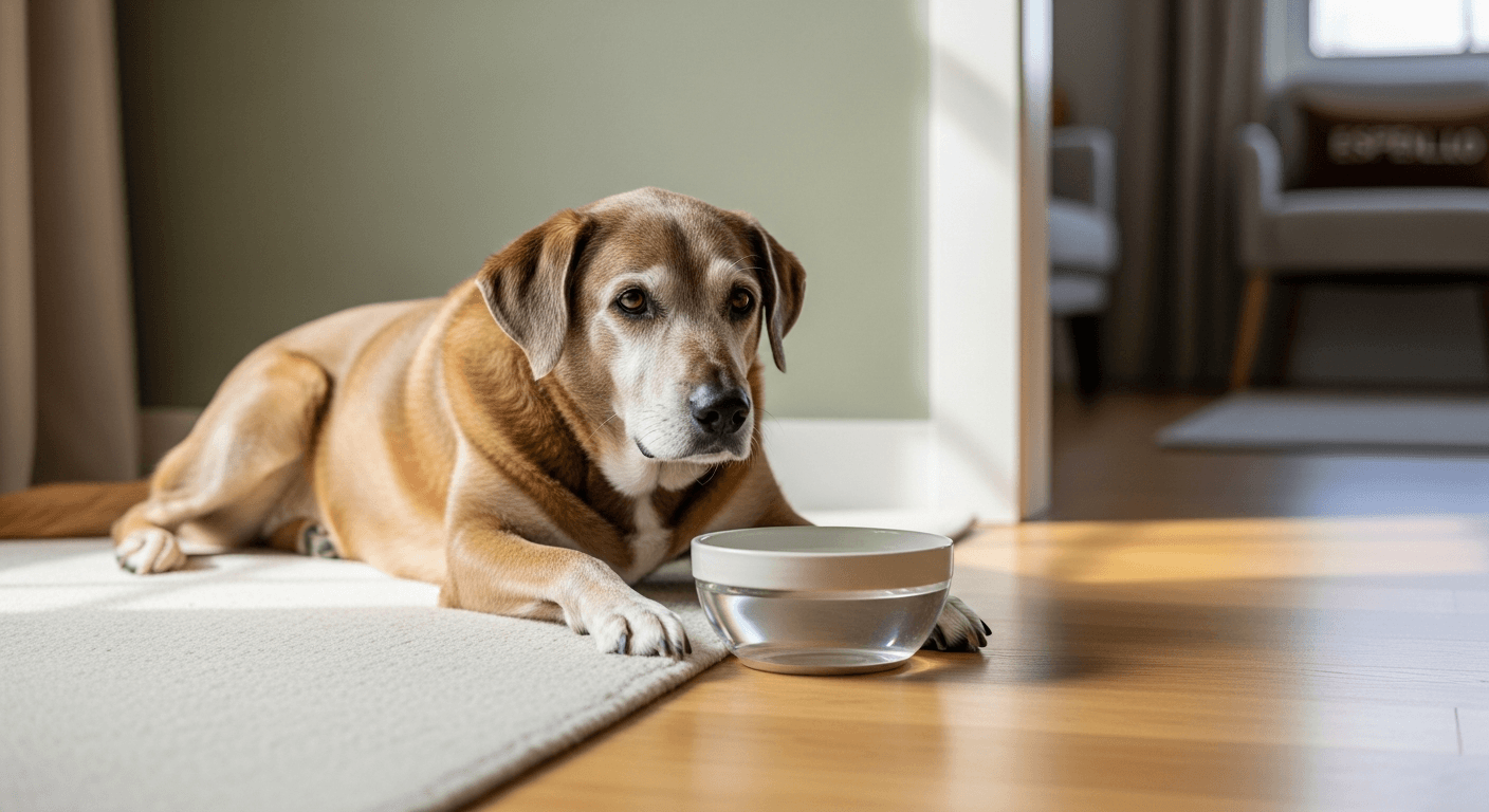 An older dog resting calmly beside a full water bowl in a quiet home setting, illustrating dietary management of canine chronic kidney disease.