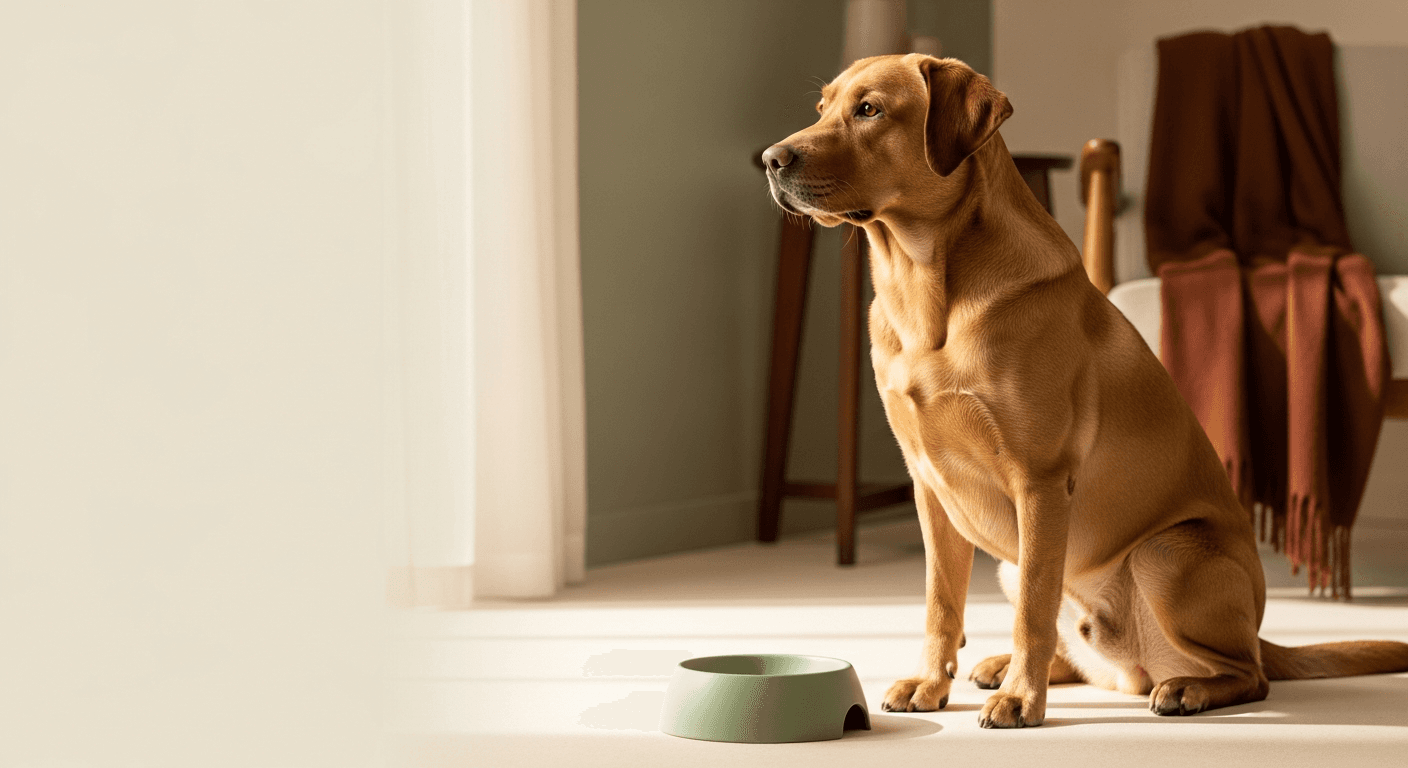 Adult Labrador Retriever sitting attentively beside a feeding bowl in soft natural light, illustrating calorie-controlled breed nutrition for weight and joints.