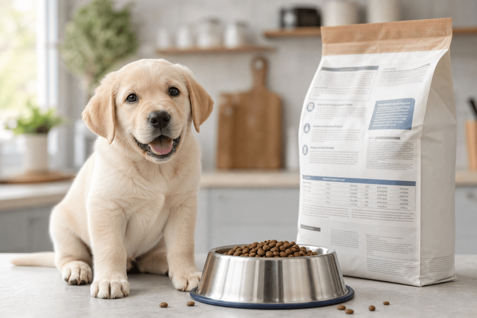 Puppy beside a feeding bowl near a blurred dog-food bag illustrating AAFCO life-stage labeling and veterinarian-guided growth feeding.