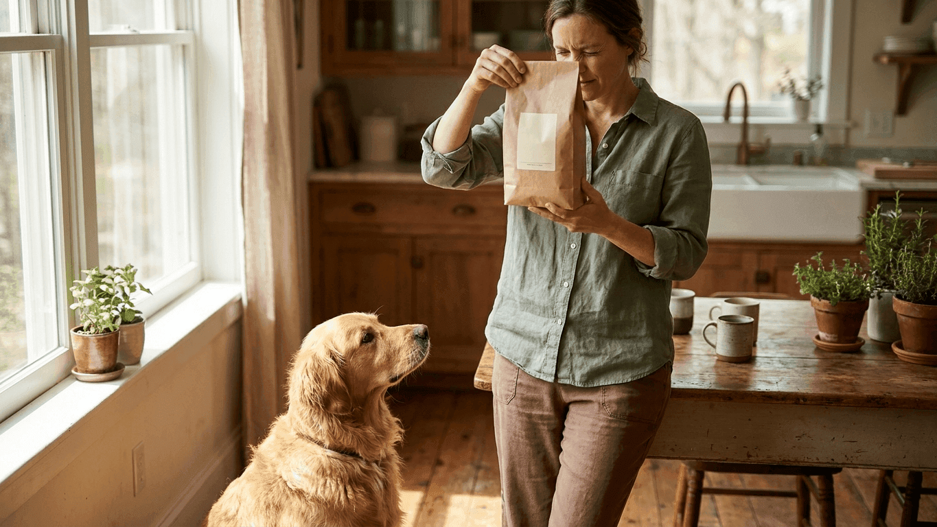 A dog owner reading the back label of an unbranded bag of dog food in a kitchen while a dog waits nearby, illustrating checking a brand against WSAVA criteria.