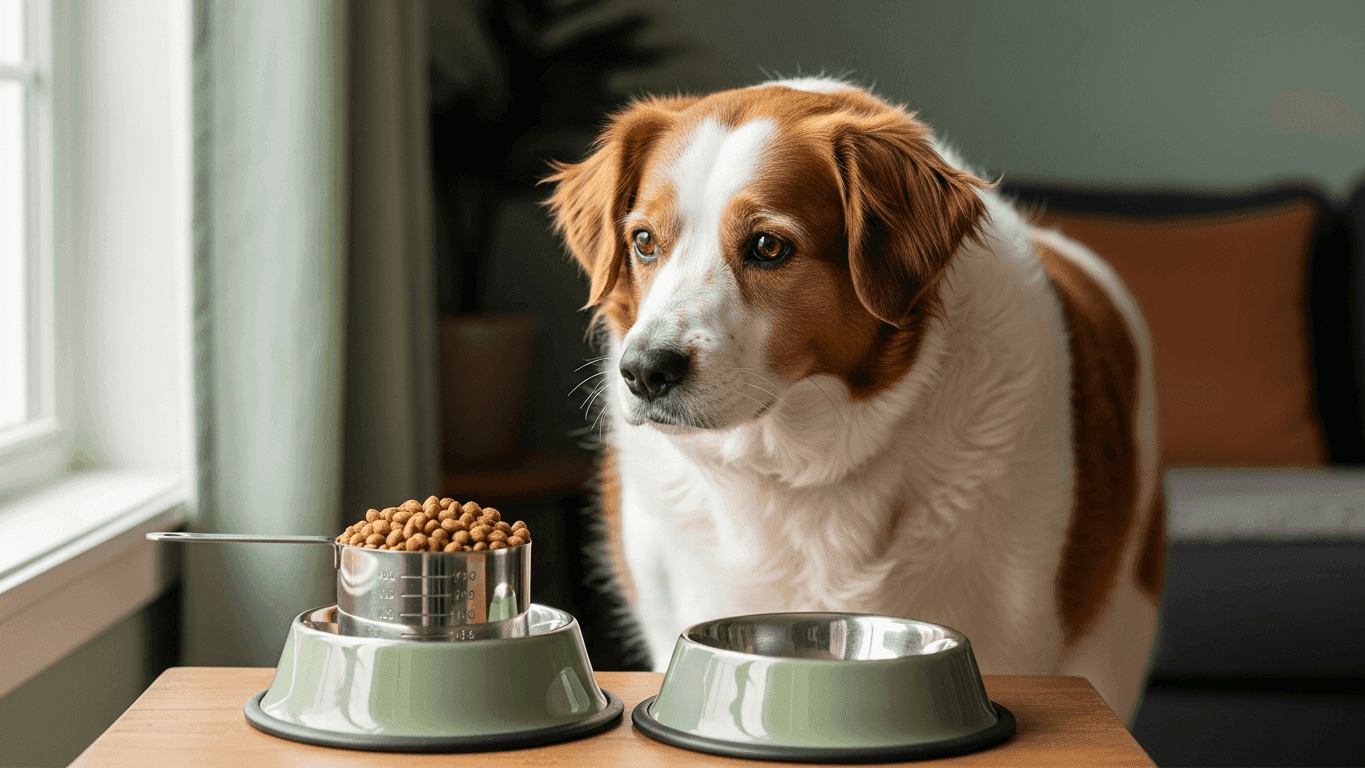 An overweight adult dog standing beside a measuring cup and a portioned bowl of kibble, illustrating a structured, calorie-controlled canine weight-loss feeding plan.