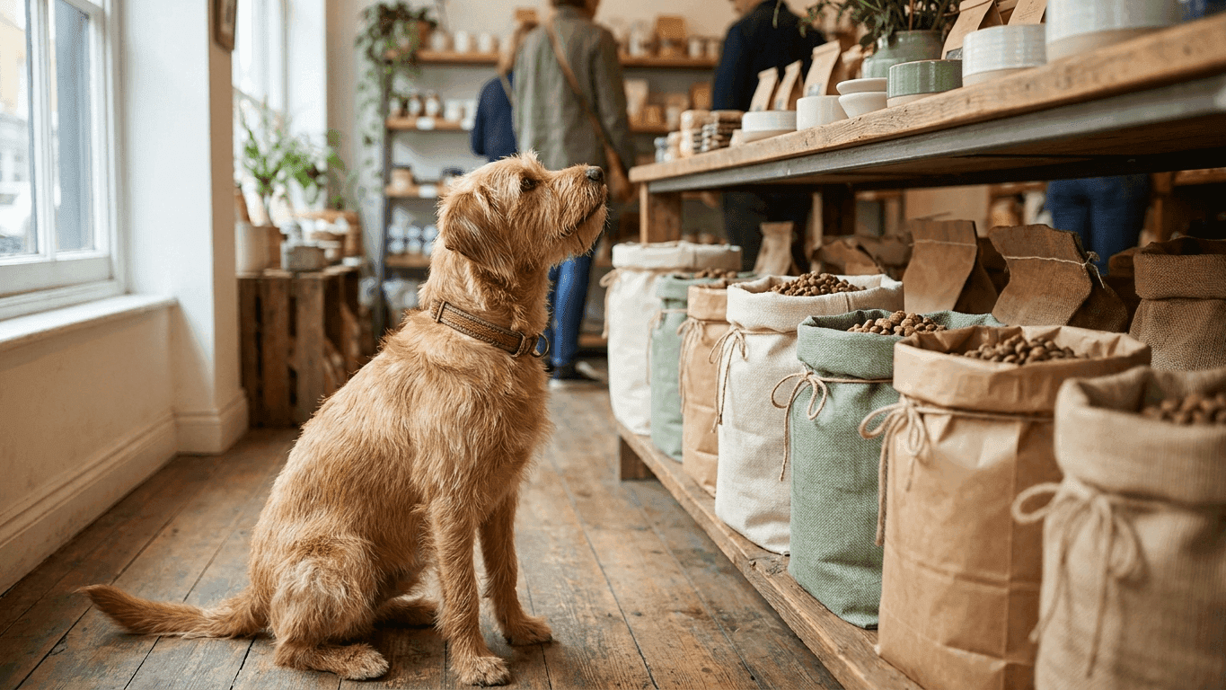 Several unbranded bags of dry dog food lined up on a pet store shelf with a dog looking up at them, illustrating how many brands trace back to a few parent companies.