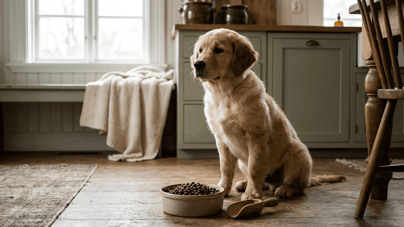 A large-breed puppy sitting beside a measured bowl of puppy kibble on a kitchen floor, illustrating choosing a WSAVA-compliant growth food.