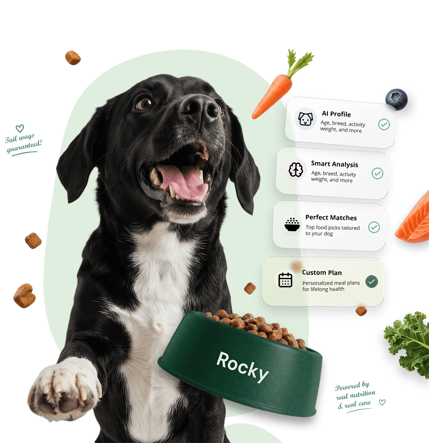 Happy dog with a food bowl, representing personalized dog nutrition guidance from IntelliBowl