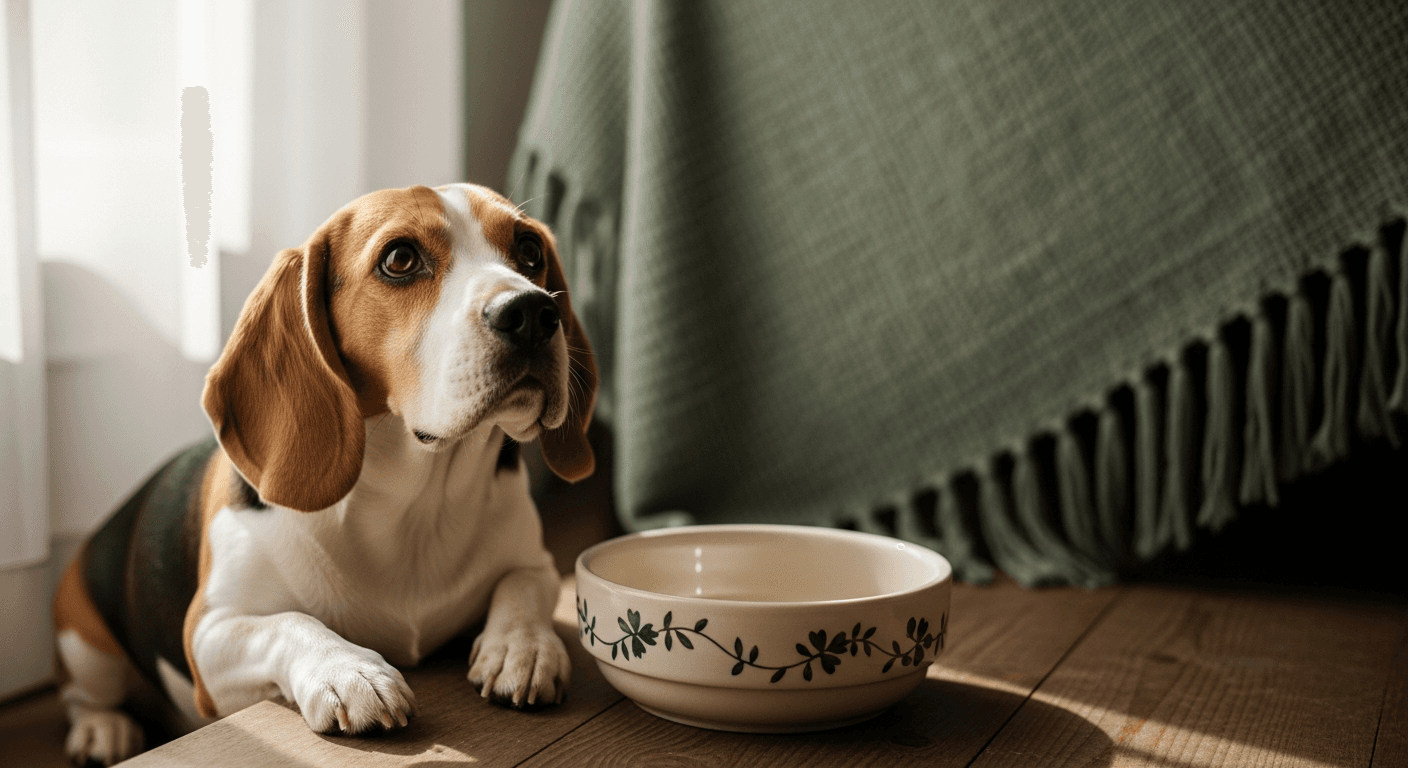 Adult Beagle looking up beside a feeding bowl in soft natural light, illustrating calorie and treat control for a highly food-motivated breed.