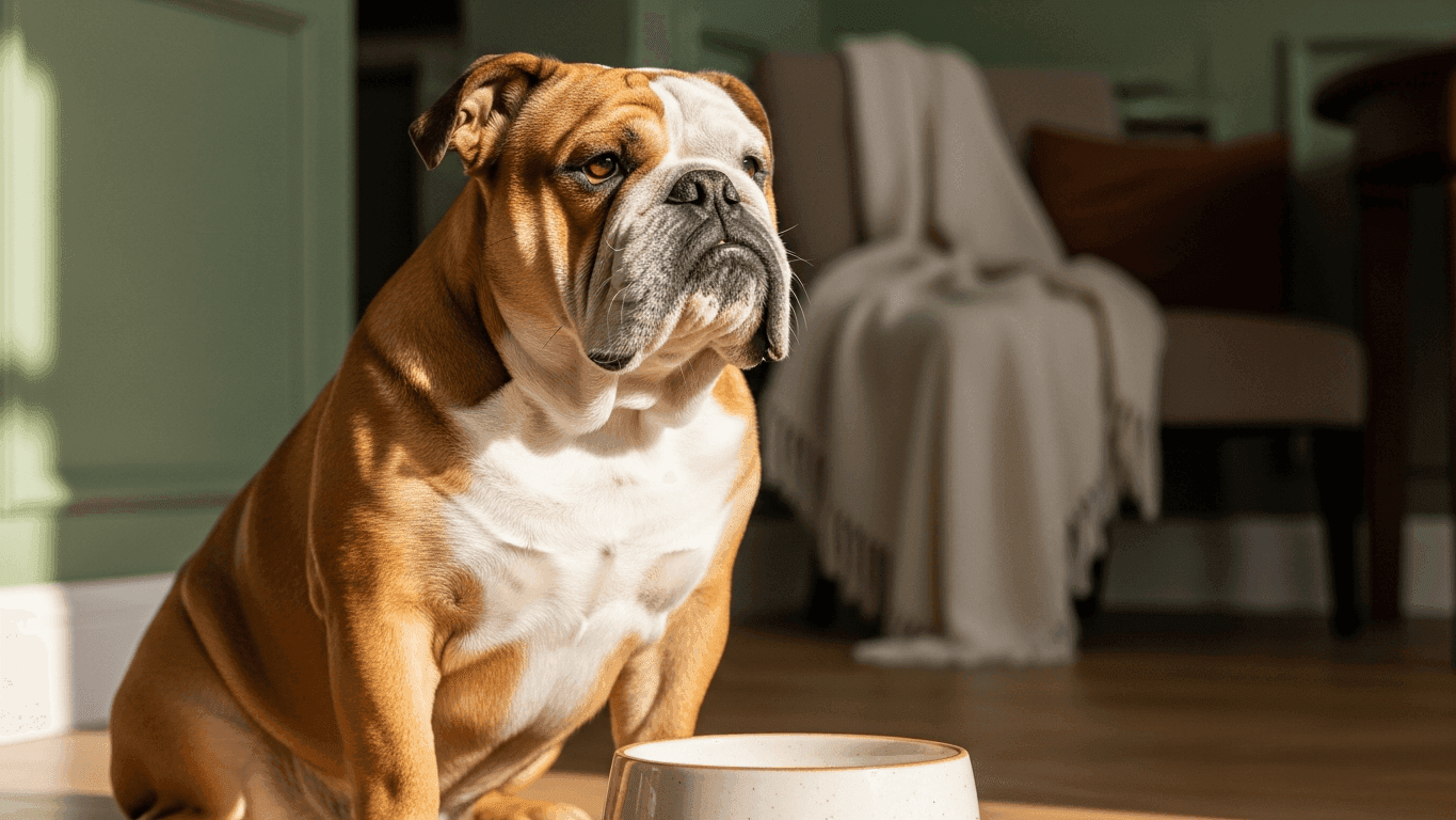 Adult English Bulldog sitting beside a feeding bowl in soft natural light, illustrating breed nutrition for skin, digestion, and weight control.