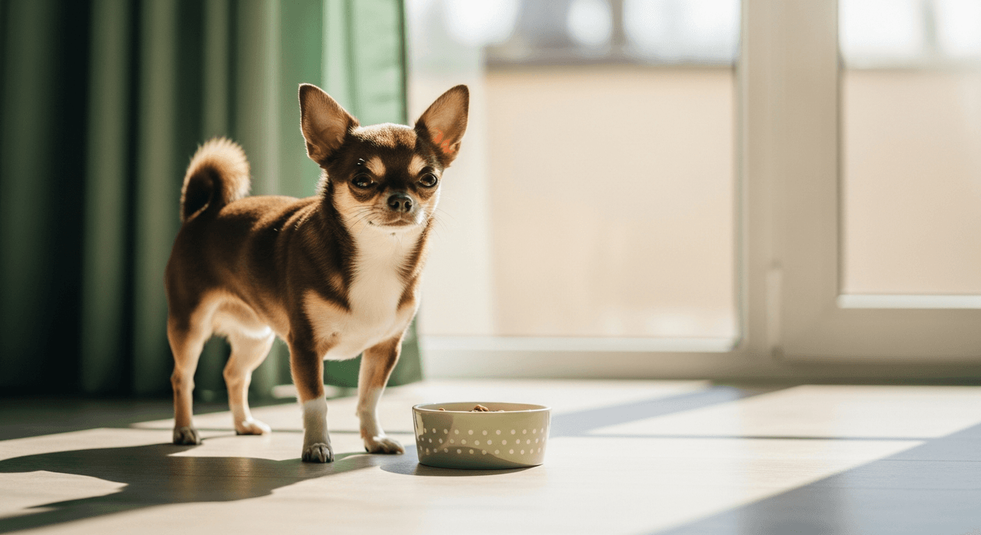 An adult Chihuahua standing beside a very small feeding bowl in soft natural light, illustrating precise portion control for the smallest toy breeds.
