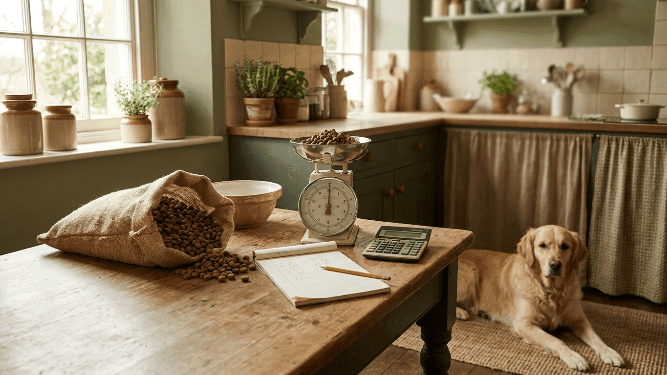 A kitchen table with a large bag of dry dog food, a kitchen scale holding a portion of kibble, a notepad with handwritten figures, and a calculator, with a dog resting on the floor beside the table.