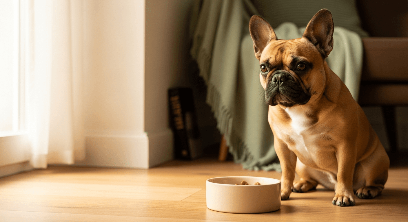 Adult French Bulldog sitting beside a feeding bowl in soft natural light, illustrating breed nutrition for weight control, digestion, and skin.