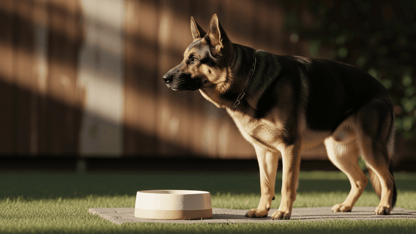Adult German Shepherd standing alert beside a feeding bowl outdoors in soft daylight, illustrating large-breed nutrition for joints, digestion, and growth.