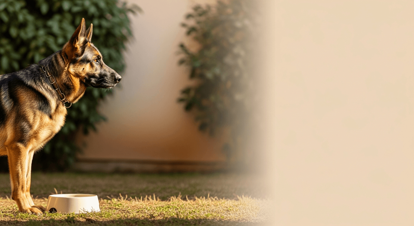 Adult German Shepherd standing alert beside a feeding bowl outdoors in soft daylight, illustrating large-breed nutrition for joints, digestion, and growth.