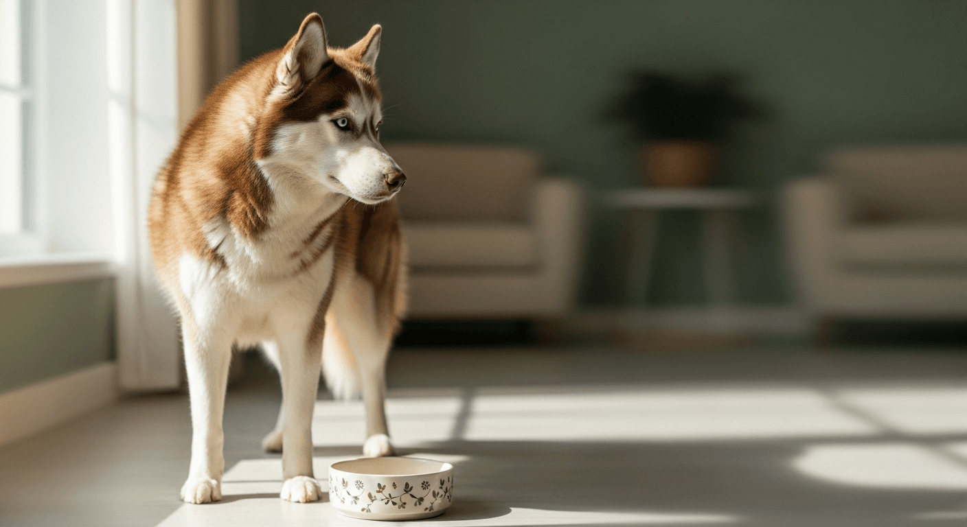 An adult Siberian Husky standing alertly beside a feeding bowl in bright natural light, illustrating working-breed energy needs and portion control.