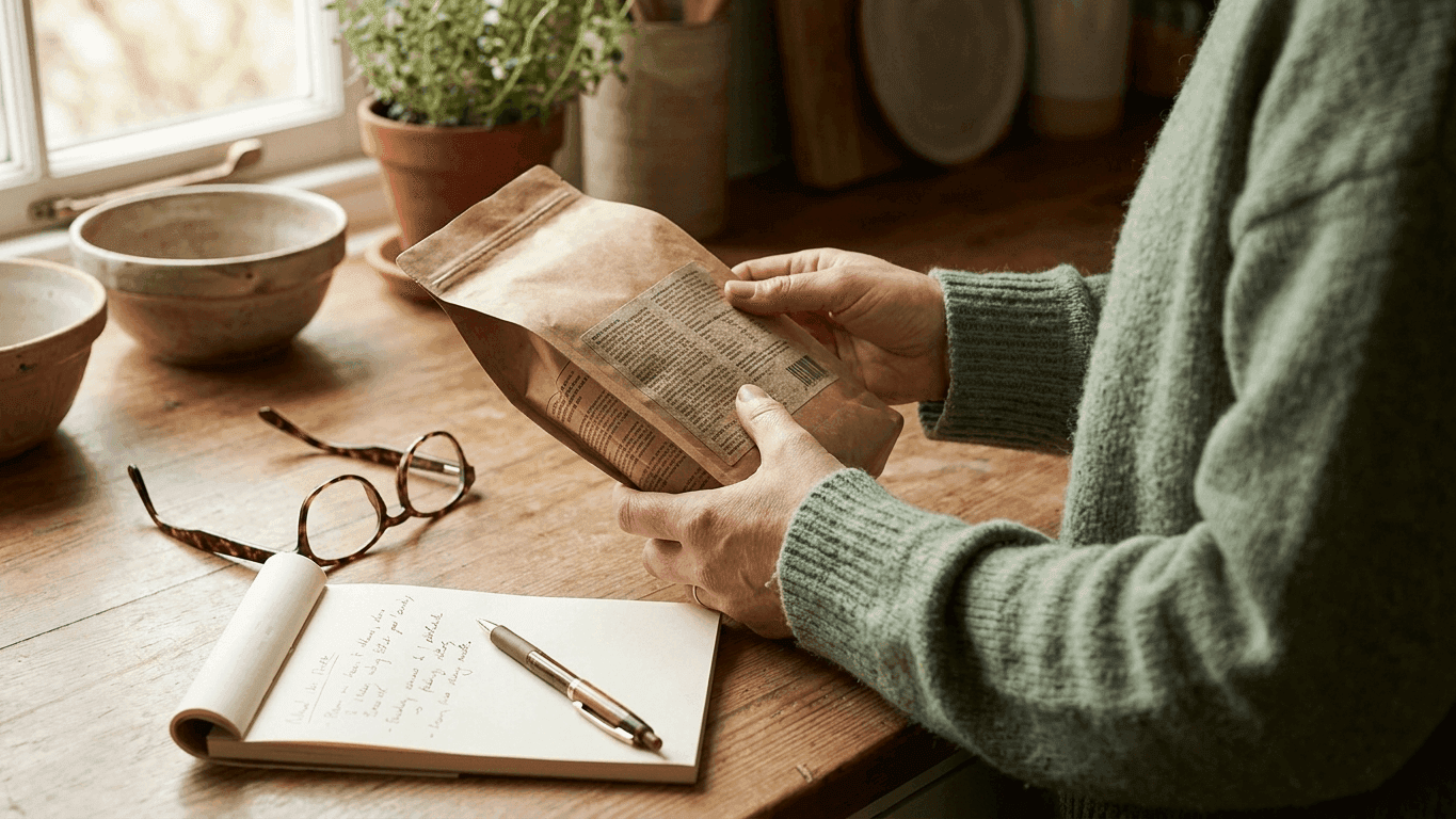 Close overhead view of a person's hands holding a dog food package and studying the fine-print ingredient panel under warm kitchen light, with a pair of reading glasses and a notepad on the counter.