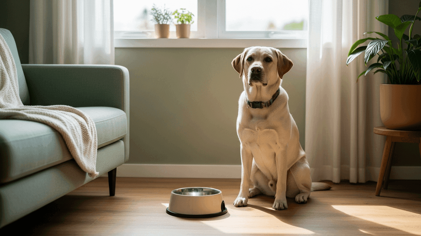 Adult Labrador Retriever sitting attentively beside a feeding bowl in soft natural light, illustrating calorie-controlled breed nutrition for weight and joints.