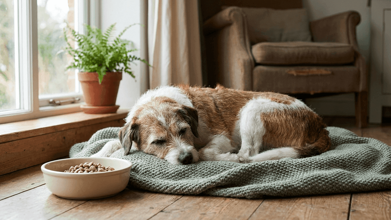 A resting adult dog lying on a blanket beside a small portion of plain low-fat food in a shallow bowl, in soft natural light through a window, conveying quiet recovery at home.