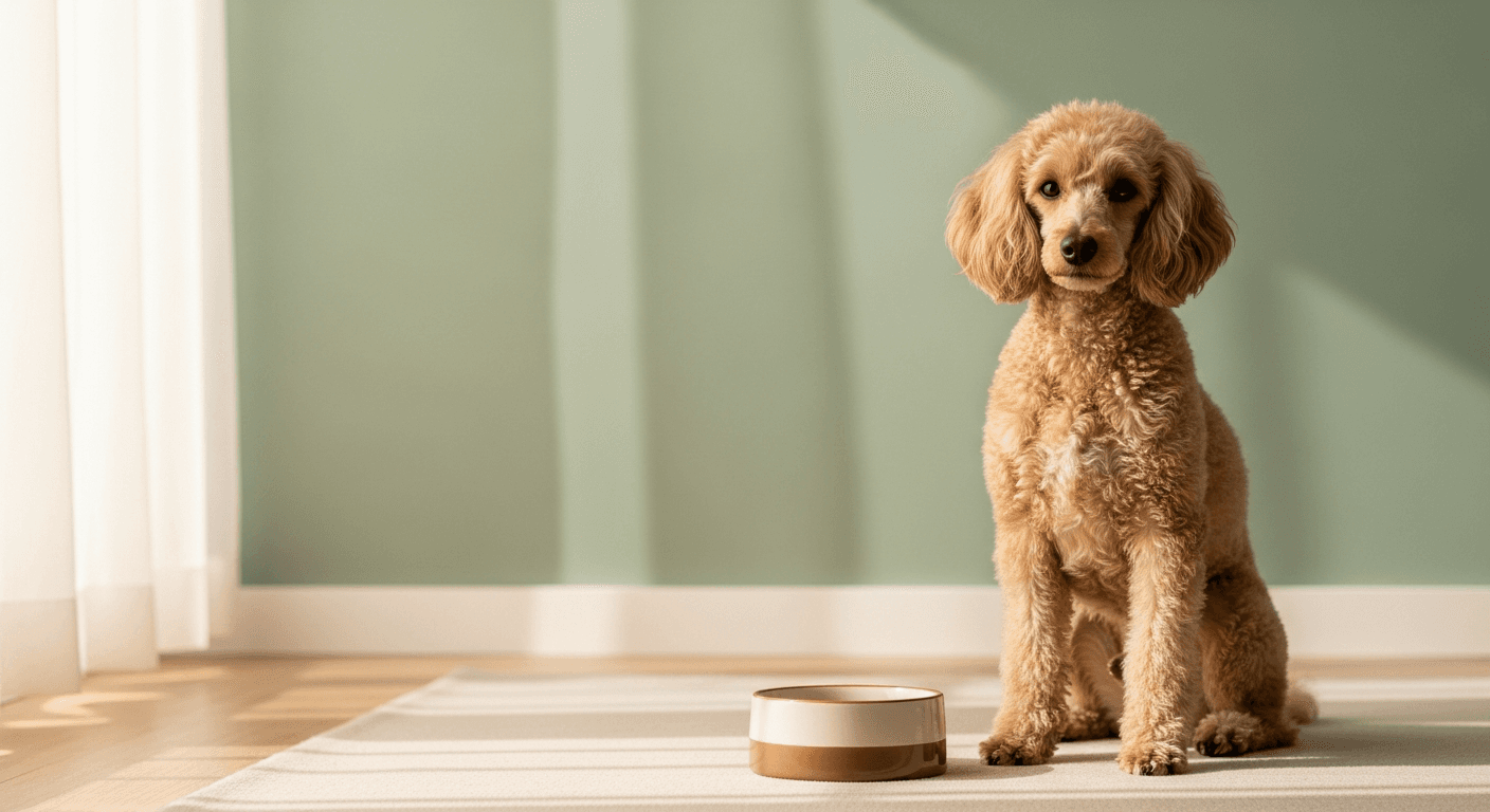 Well-groomed adult Poodle sitting beside a feeding bowl in soft natural light, illustrating size-specific breed nutrition for coat, dental, and weight.