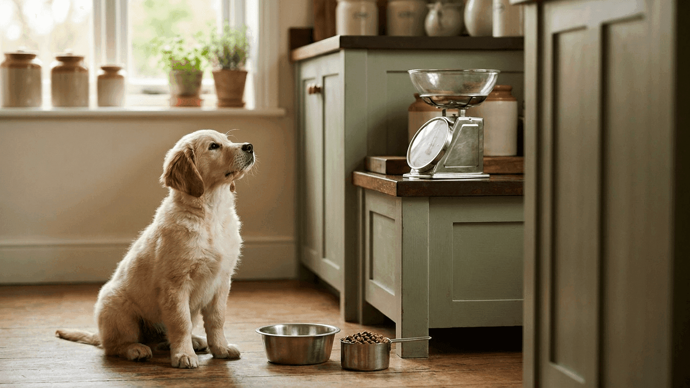 A young puppy sitting attentively on a kitchen floor beside a small stainless steel bowl and a measuring cup of kibble, with a kitchen scale on the counter behind in warm morning light.