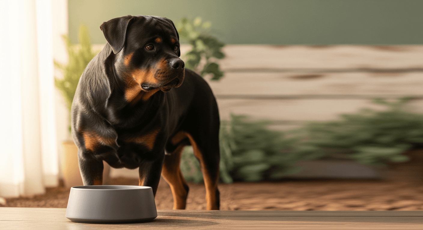 Adult Rottweiler standing beside a feeding bowl outdoors in soft daylight, illustrating large-breed growth control and joint-supportive nutrition.