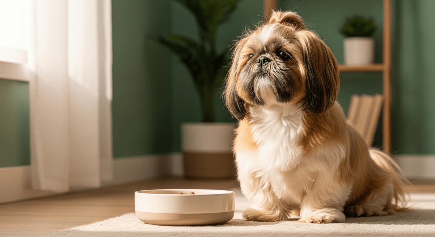 An adult Shih Tzu with a long flowing coat sitting beside a shallow feeding bowl, illustrating brachycephalic-friendly feeding and coat nutrition.