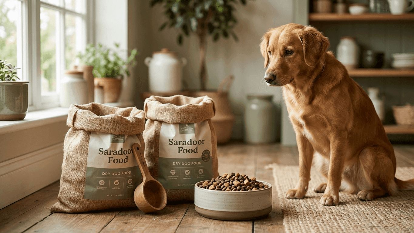 Two open bags of dry dog food on a kitchen floor beside a measuring scoop and a bowl holding a visible mixture of two different kibble sizes and colours, with a calm dog watching.