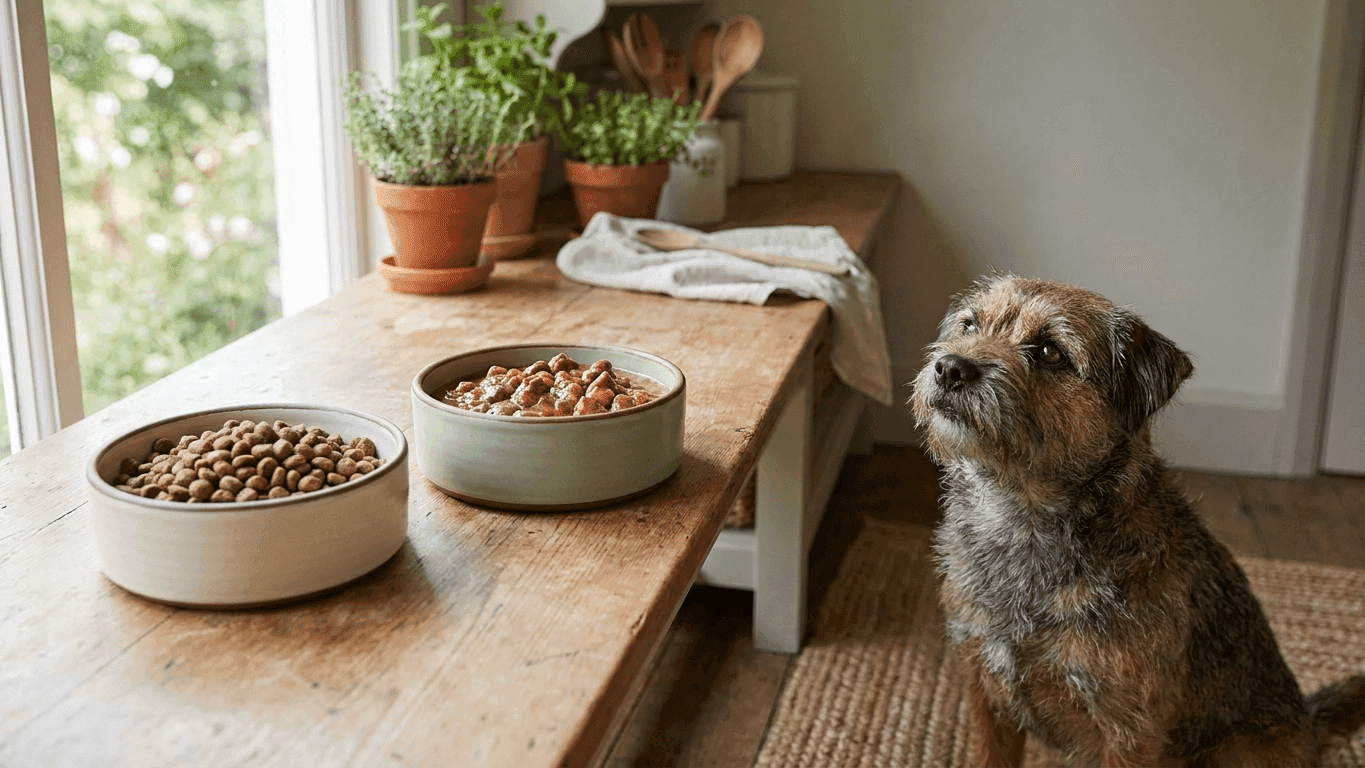 Two ceramic dog bowls side by side on a wooden kitchen counter, one filled with dry kibble and one with moist chunked food in gravy, with a curious medium-sized dog waiting nearby.
