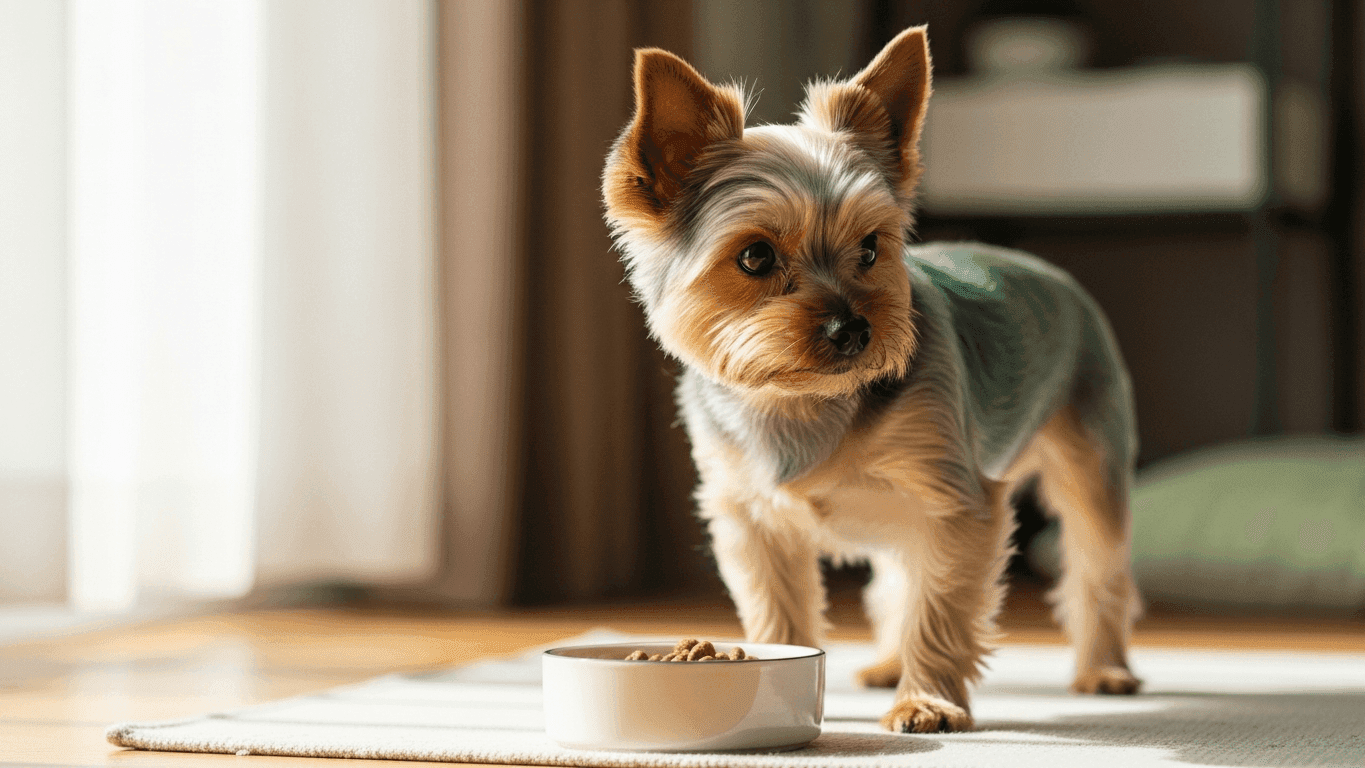 An adult Yorkshire Terrier standing attentively beside a small feeding bowl in soft natural light, illustrating portion-controlled toy-breed nutrition.